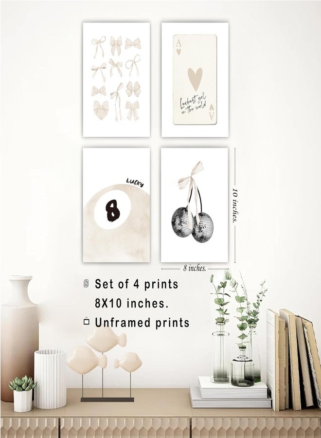 okaxscm Beige Coquette Trendy Preppy Wall Art Prints Set of 4, Coquette Room Decor, Preppy Room Decor Aesthetic, Beige Bow Disco 8 Ball Cherry Wall Decor Posters for Girls Bedroom Dorm, 8x10 Unframed - Image 3