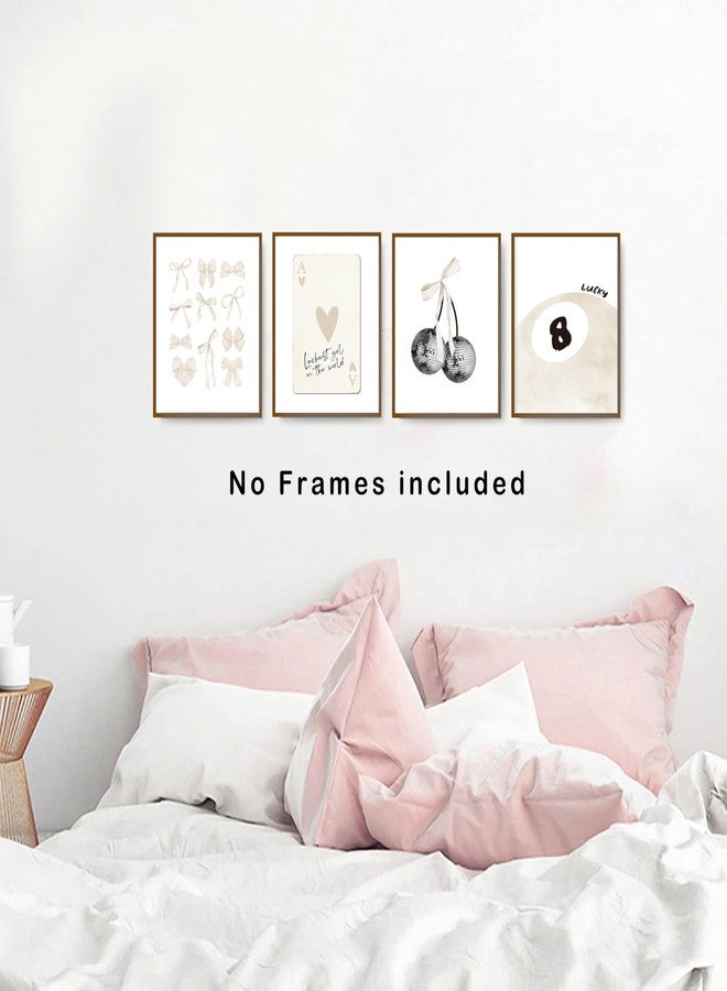 okaxscm Beige Coquette Trendy Preppy Wall Art Prints Set of 4, Coquette Room Decor, Preppy Room Decor Aesthetic, Beige Bow Disco 8 Ball Cherry Wall Decor Posters for Girls Bedroom Dorm, 8x10 Unframed - Image 4