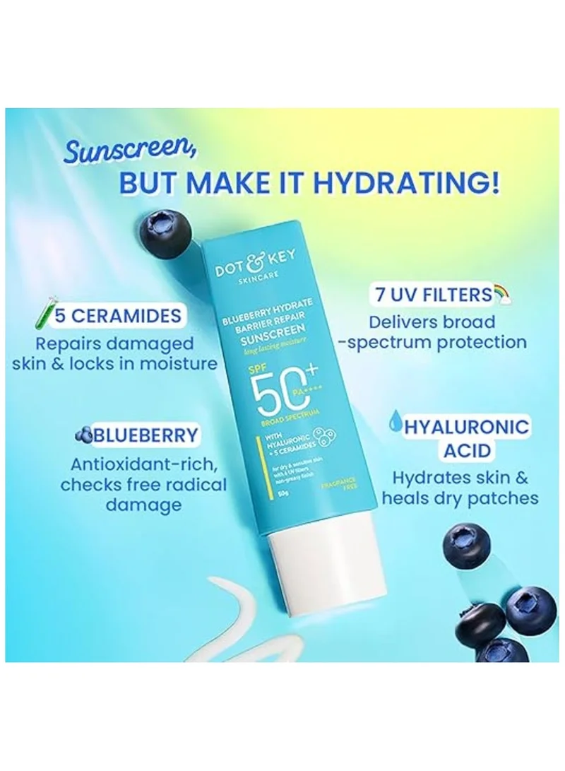 Dot & Key Blueberry Sunscreen 50gm Dot&Key Blueberry Hydrate Barrier Repair Sunscreen Spf 50+,Pa++++|For Dry&Sensitive Skin|Non - Greasy Finish|No White Cast|Uv&Blue Light Protection|Broad Spectrum|For Women&Men| 50g  | Best Price UAE