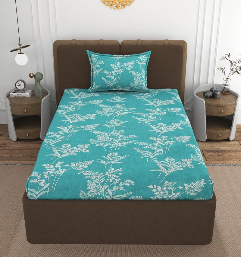 VOMZER 300 TC Elastic Fitted Bedsheets Single Bed with 1 Pillow Cover | Single Bed with All Around Elastic, Size 36 x 72 x 10 Inches (Aqua Lily) - Image 1