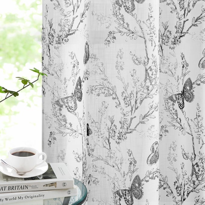 BUTTERFLY LEAF SEMI SHEER CURTAINS 84 L CURTAIN PANELS FOR KIDS BEDROOMBLACK PRINT ON WHITE LIGHT FILTERING WINDOW DRAPESGROMMET TOP