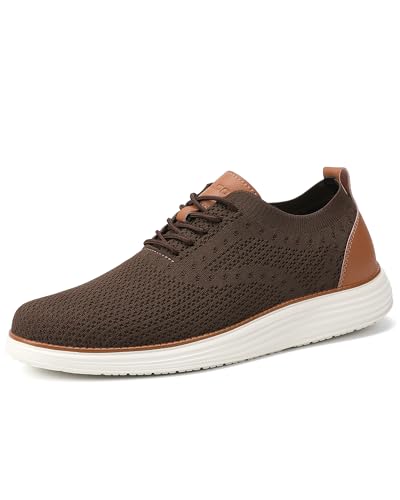 VILOCY Men's Dress Sneakers Oxfords Casual Business Shoes Lace Up Lightweight Walking Knit Mesh Fashion Sneakers Brown, EU40 - Image 5