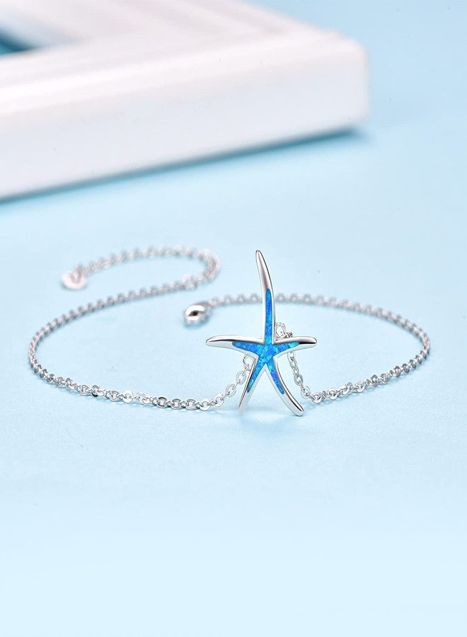 Cuoka Starfish Ankle Bracelets Adjustable 925 Sterling Silver with Blue Fire Opal Foot Bracelets Beach Nautical Ocean Charm Jewelry Birthday Mother Day for Women Girlfriend - Image 2
