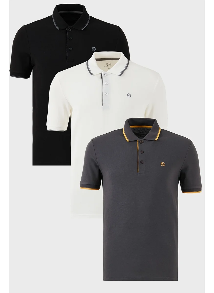 Buratti Cotton Slim Fit Stripe Detailed Buttoned Polo Collar 3-Piece T Shirt Men's T Shirt 5902118S3