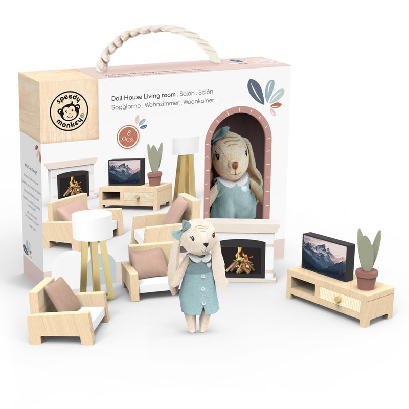 SPEEDY MONKEY Cozy Dollhouse Living Room Playset with Bunny â€“ Miniature FSC Wooden Furniture Sofa, TV â€“ Pretend Play Fully Furnished Farmhouse Accessories for Kid, Toddler, Girl â€“ Doll House Decor Toy - Image 1