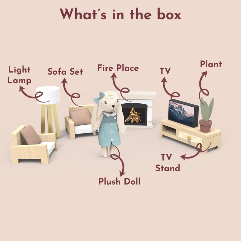 SPEEDY MONKEY Cozy Dollhouse Living Room Playset with Bunny â€“ Miniature FSC Wooden Furniture Sofa, TV â€“ Pretend Play Fully Furnished Farmhouse Accessories for Kid, Toddler, Girl â€“ Doll House Decor Toy - Image 3