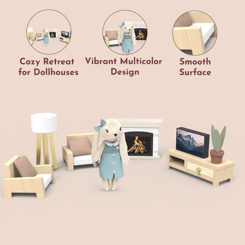 SPEEDY MONKEY Cozy Dollhouse Living Room Playset with Bunny â€“ Miniature FSC Wooden Furniture Sofa, TV â€“ Pretend Play Fully Furnished Farmhouse Accessories for Kid, Toddler, Girl â€“ Doll House Decor Toy - Image 4