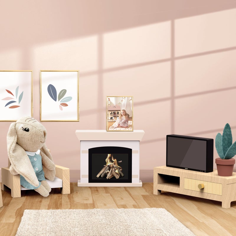 SPEEDY MONKEY Cozy Dollhouse Living Room Playset with Bunny â€“ Miniature FSC Wooden Furniture Sofa, TV â€“ Pretend Play Fully Furnished Farmhouse Accessories for Kid, Toddler, Girl â€“ Doll House Decor Toy - Image 2