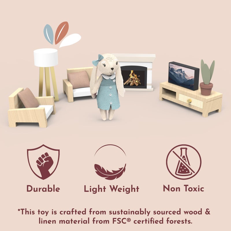 SPEEDY MONKEY Cozy Dollhouse Living Room Playset with Bunny â€“ Miniature FSC Wooden Furniture Sofa, TV â€“ Pretend Play Fully Furnished Farmhouse Accessories for Kid, Toddler, Girl â€“ Doll House Decor Toy - Image 5