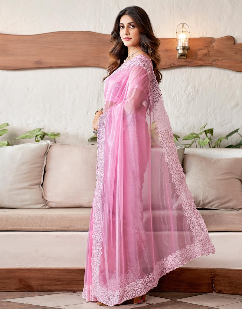 SIRIL Women's Organza Embroidery Saree With Unstitched Blouse Piece (3734S351_Light Pink) - Image 2