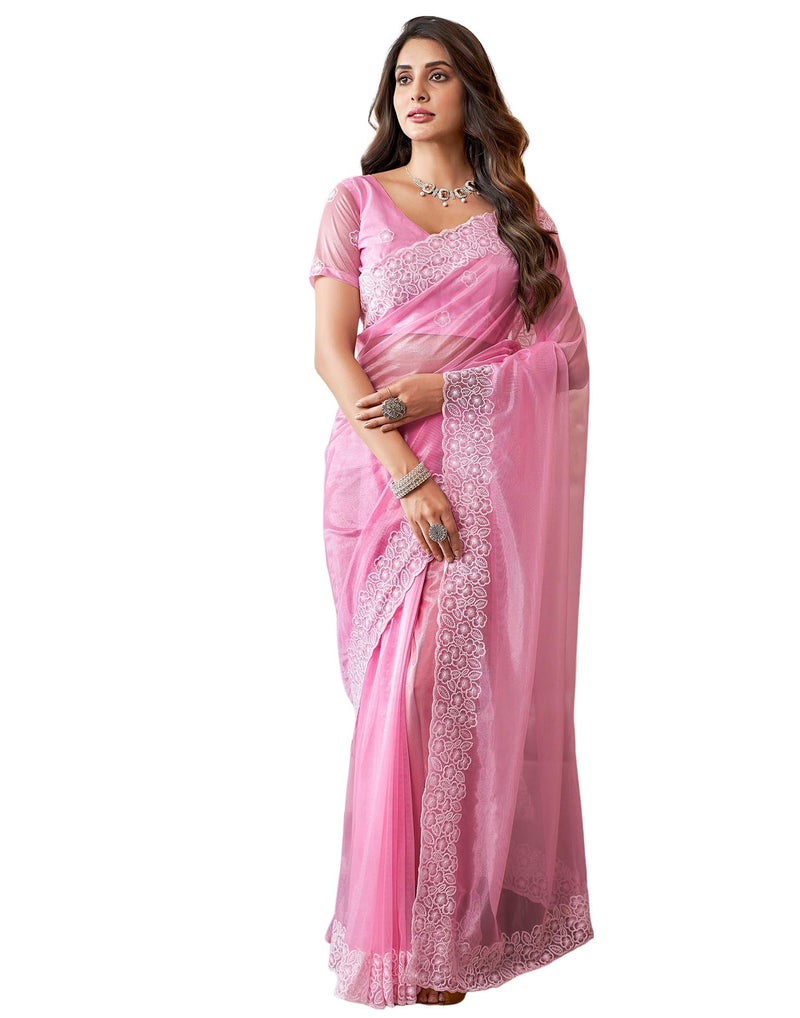 SIRIL Women's Organza Embroidery Saree With Unstitched Blouse Piece (3734S351_Light Pink) - Image 1