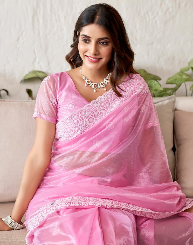 SIRIL Women's Organza Embroidery Saree With Unstitched Blouse Piece (3734S351_Light Pink) - Image 5
