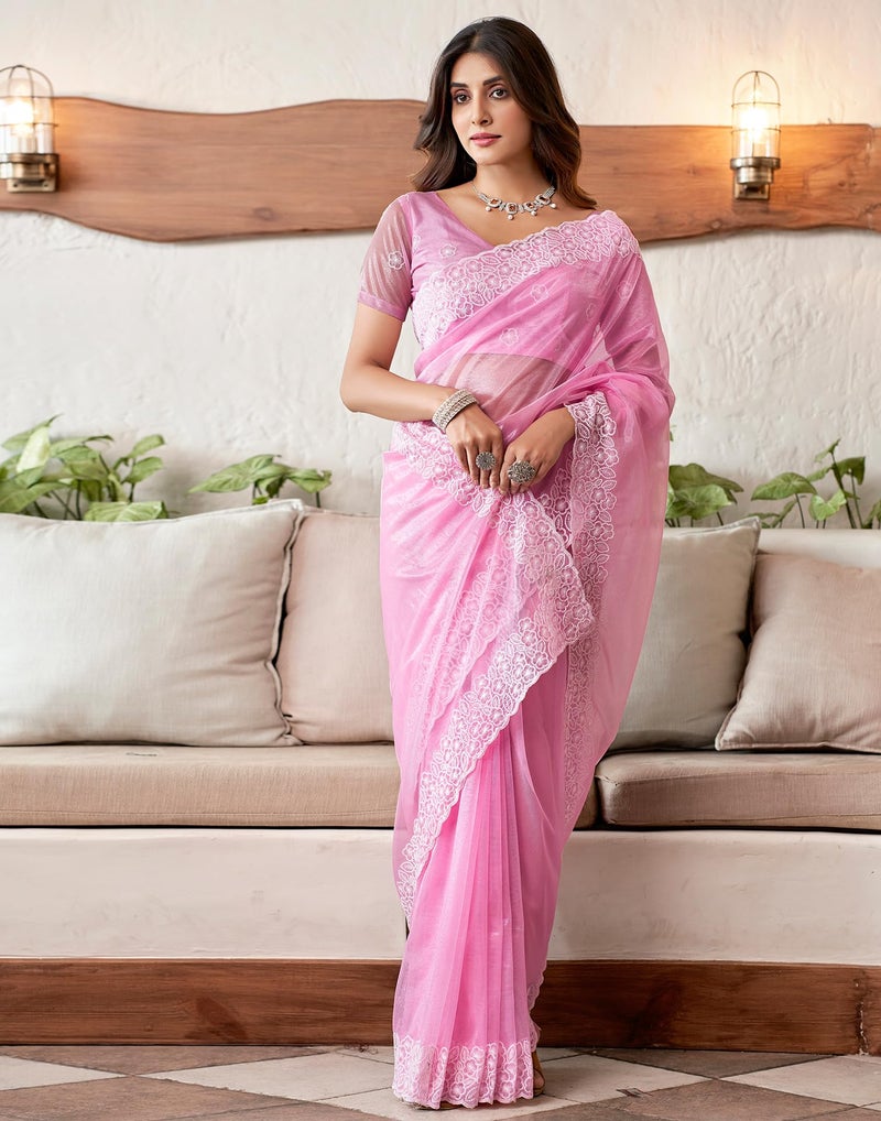 SIRIL Women's Organza Embroidery Saree With Unstitched Blouse Piece (3734S351_Light Pink) - Image 3