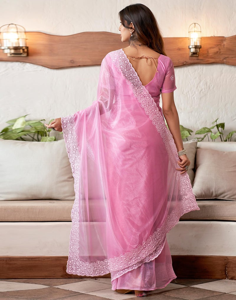SIRIL Women's Organza Embroidery Saree With Unstitched Blouse Piece (3734S351_Light Pink) - Image 4