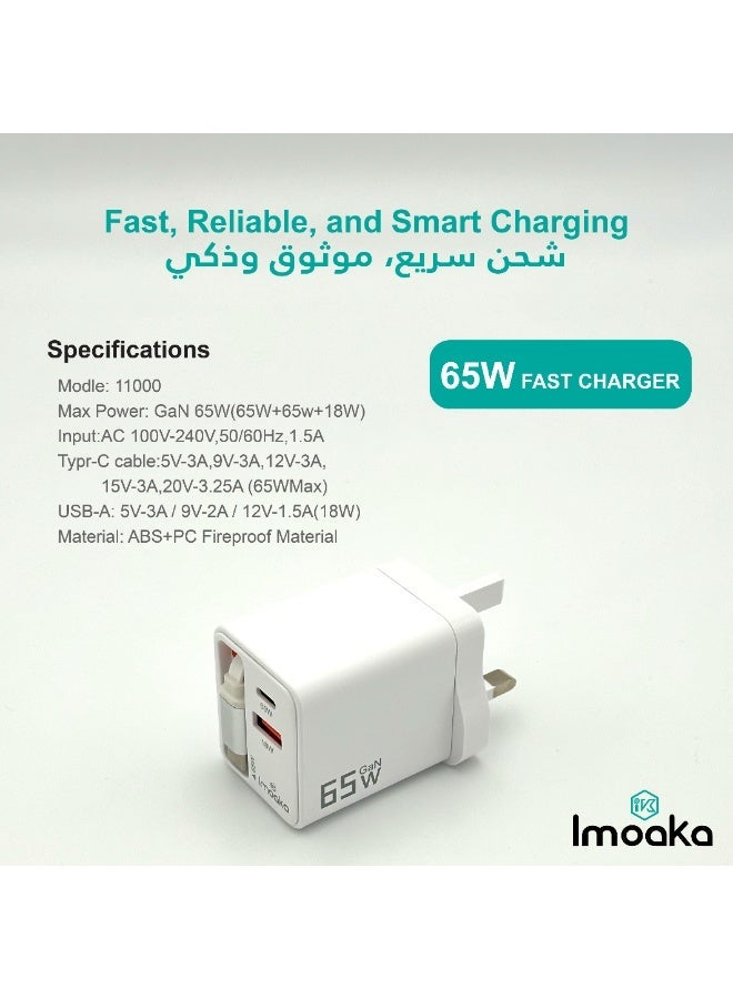 Imoaka 65W USB-C Wall Charger, Dual Port Quick Charge Power Adapter, Smart Power Delivery, Compatible with Smartphones, Tablets, AirPods, Digital Cameras - Image 3