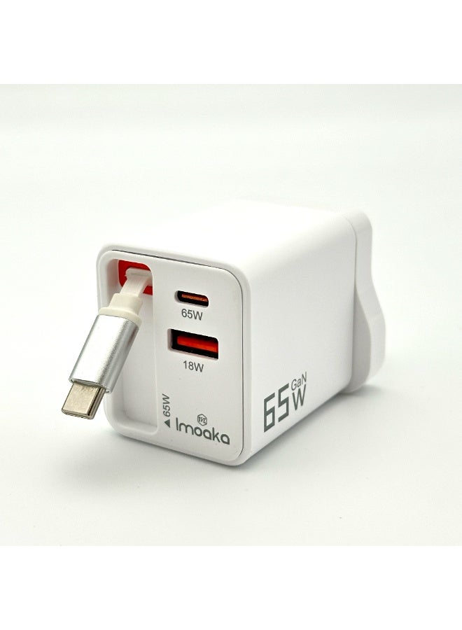Imoaka 65W USB-C Wall Charger, Dual Port Quick Charge Power Adapter, Smart Power Delivery, Compatible with Smartphones, Tablets, AirPods, Digital Cameras - Image 1
