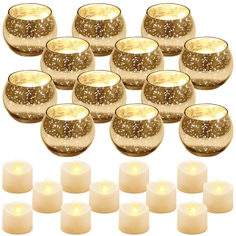 Rtteri 12 Set Votive Candle Holders Wedding Centerpiece Table Decorations Speckled Mercury Glass Votive Candle Holders with Tea Lights Birthday Party Decorations for Home Gold