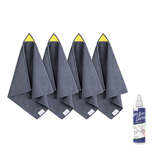 loukin 4 Pack Magnetic Whiteboard Cleaning Cloth, Dry Erase Cleaning Cloth for Classroom, Home and Office Use, Reusable & Washable, Gray, 12" x 12", 1 Bottle of 3.4 fl oz Whiteboard Cleaner Included - Image 1