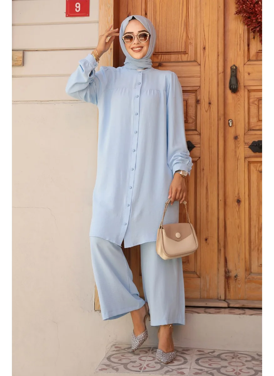 Neva Style Buttoned Baby Blue Hijab Two Piece Set 12172BM