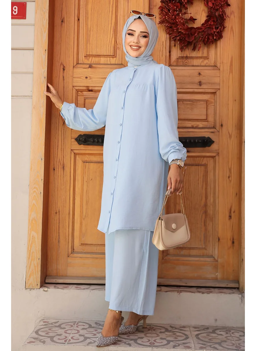 Neva Style Buttoned Baby Blue Hijab Two Piece Set 12172BM