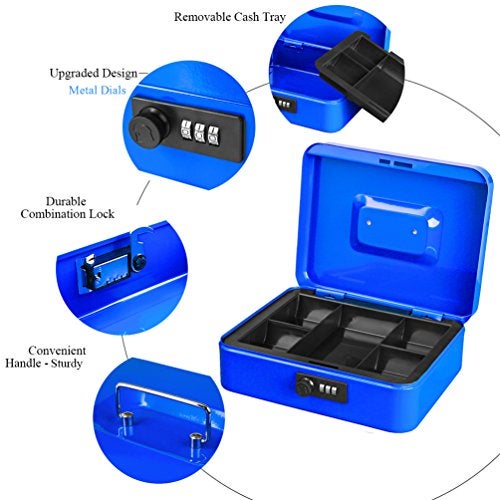 Jssmst Large Cash Box with Combination Lock – Durable Metal Cash Box with Money Tray Blue(9.8 x 7.9 x 3.5), SM-CB07002L - Image 4