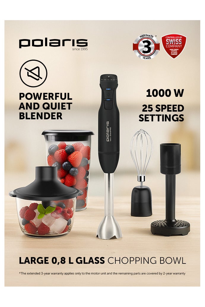 Polaris Polaris PHB 1017GL Silent Hand Blender | 1000W SilentPRO | 4-in-1: Blender, Chopper, Whisk, Puree Masher | 25 Speeds + Turbo | 0.8L Glass Chopper | 0.7L BPA-Free Cup | 4 Pro TITAN Blades | PROtect - Image 1