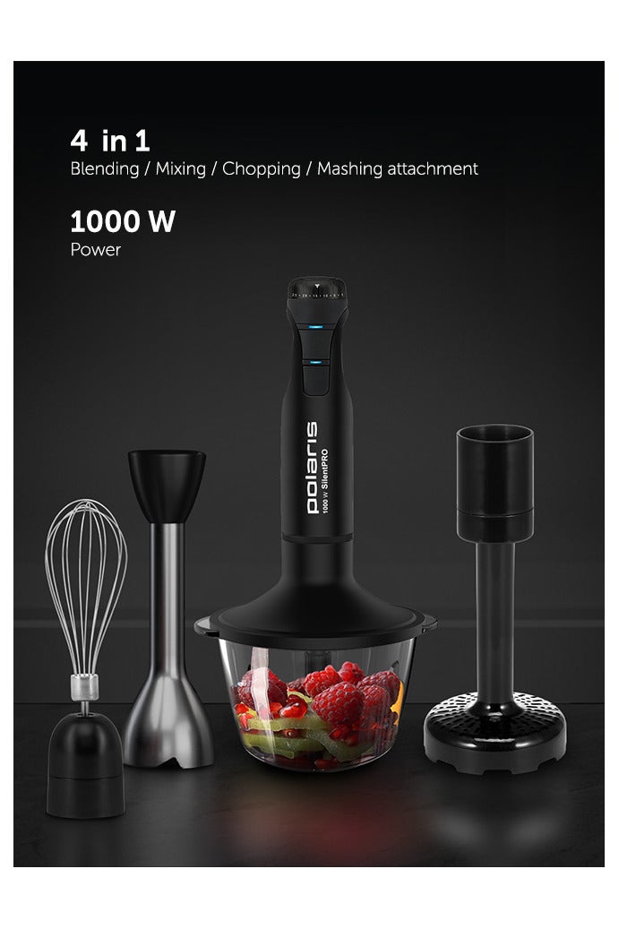 Polaris Polaris PHB 1017GL Silent Hand Blender | 1000W SilentPRO | 4-in-1: Blender, Chopper, Whisk, Puree Masher | 25 Speeds + Turbo | 0.8L Glass Chopper | 0.7L BPA-Free Cup | 4 Pro TITAN Blades | PROtect - Image 3