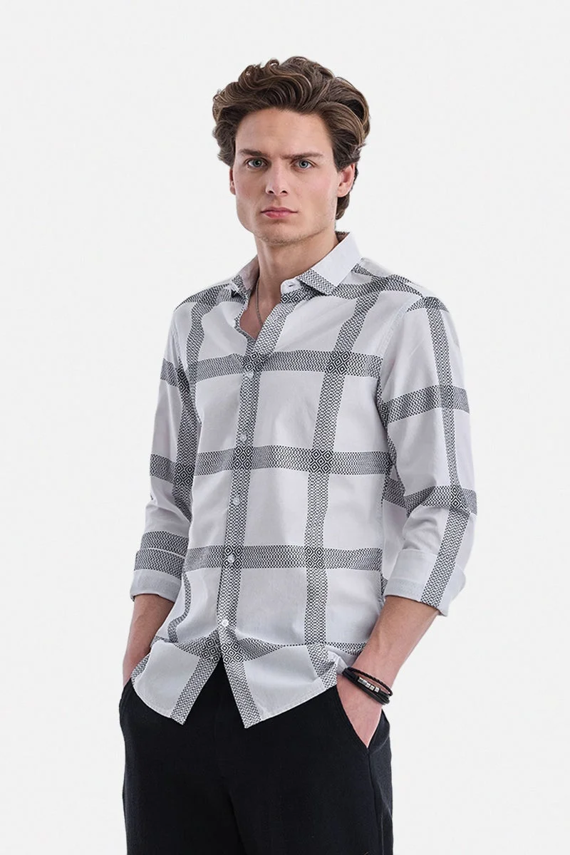 سنيتش White Geometric Long Sleeve Slim Fit Shirt