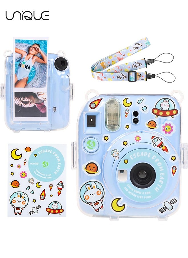 Unique - 3 Pack Clear Camera Case Compatible with Fujifilm Instax Mini 12 Instant Camera, Clear Instax Mini 12 Case with Photo Pocket Holds and Adjustable Shoulder Strap & Cute Camera Sticker (Blue) - Image 1