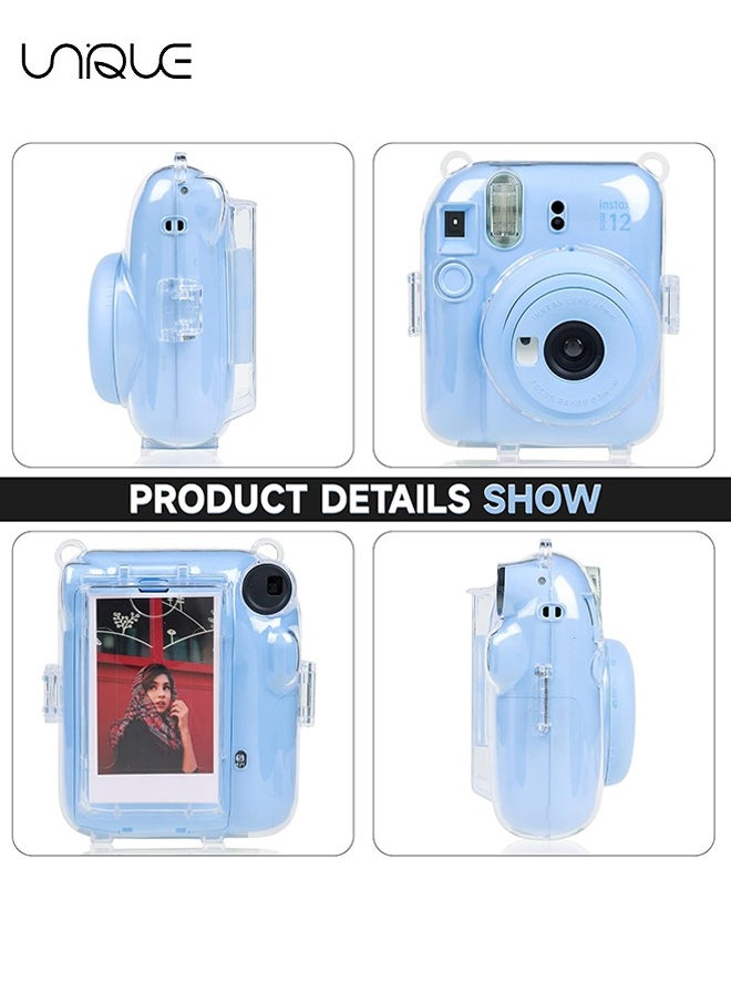 Unique - 3 Pack Clear Camera Case Compatible with Fujifilm Instax Mini 12 Instant Camera, Clear Instax Mini 12 Case with Photo Pocket Holds and Adjustable Shoulder Strap & Cute Camera Sticker (Blue) - Image 1