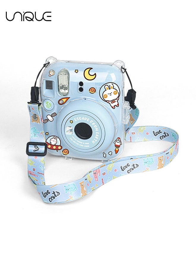Unique - 3 Pack Clear Camera Case Compatible with Fujifilm Instax Mini 12 Instant Camera, Clear Instax Mini 12 Case with Photo Pocket Holds and Adjustable Shoulder Strap & Cute Camera Sticker (Blue) - Image 1