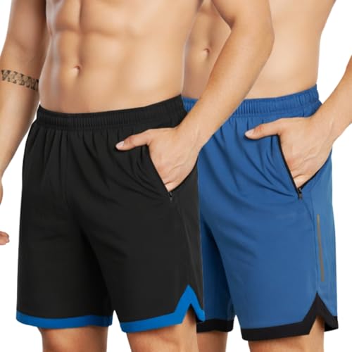 NEVER LOSE Men’s Pack of 2 Sports Shorts Ideal for Gym, Running, Walking, Football & Yoga Shorts with Pockets Comfortable Activewear for Summer Training (S, V-Cut (T-Blue & Black)) - Image 2
