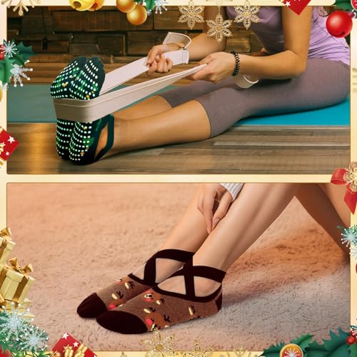 Shyyween 8 Pairs Christmas Yoga Socks for Women Nonslip Grips Straps Ideal for Pilates Xmas Gifts for XmasChristmas Reindeer Snowman - Image 3