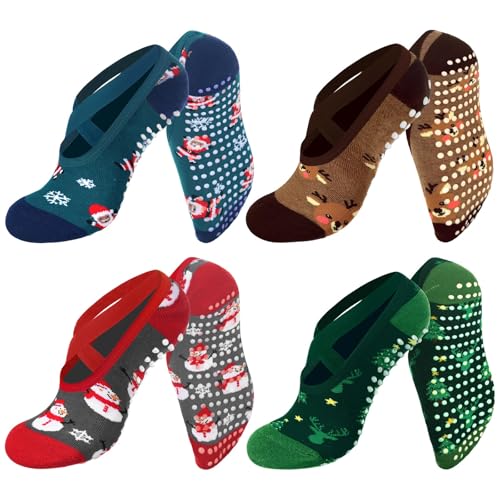 Shyyween 8 Pairs Christmas Yoga Socks for Women Nonslip Grips Straps Ideal for Pilates Xmas Gifts for XmasChristmas Reindeer Snowman - Image 1