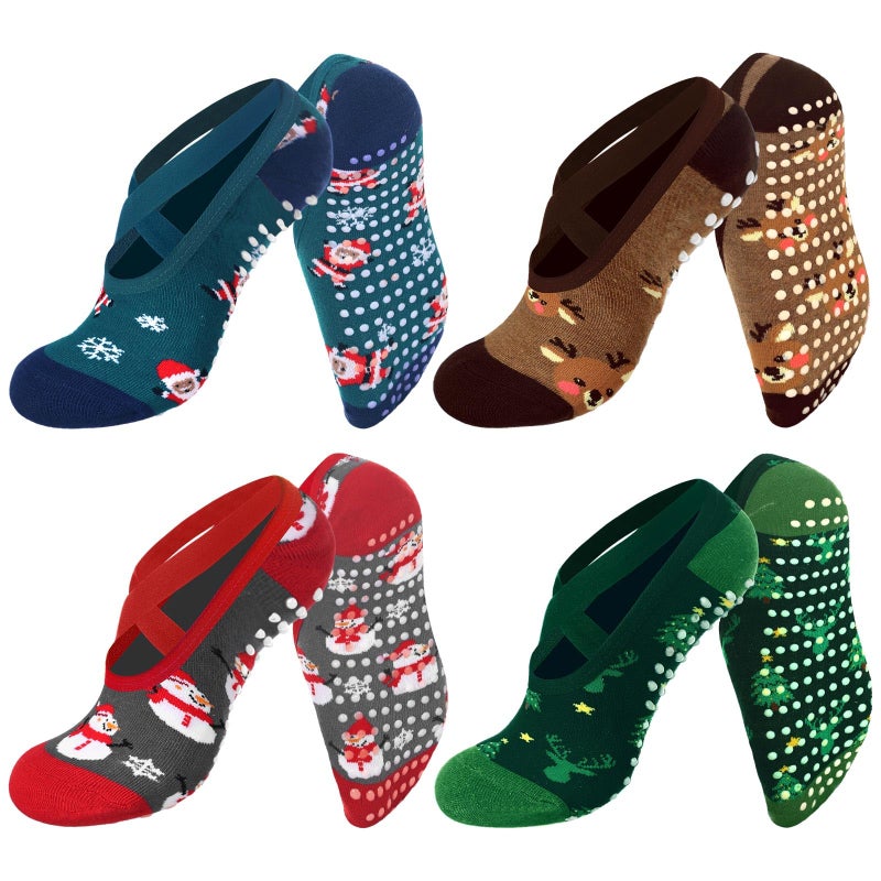 Shyyween 8 Pairs Christmas Yoga Socks for Women Nonslip Grips Straps Ideal for Pilates Xmas Gifts for XmasChristmas Reindeer Snowman - Image 2