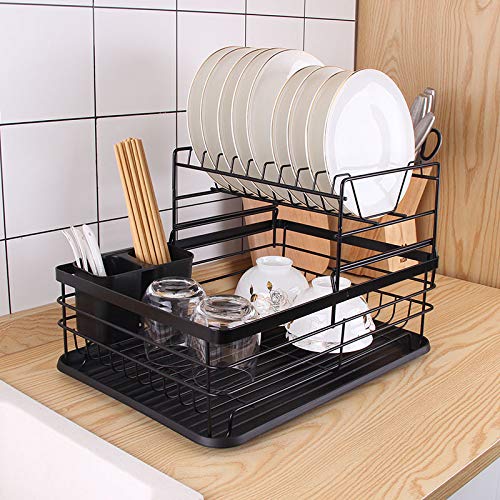 ROY ENTERPRISE 2 Tier Drying Rack,2022 Upgrades Double Rust-Proof Treatment Rack with More Stable Footpad, Utensil Holder, Cup Holder and Drainer (Black Rack)(Metal) - Image 1