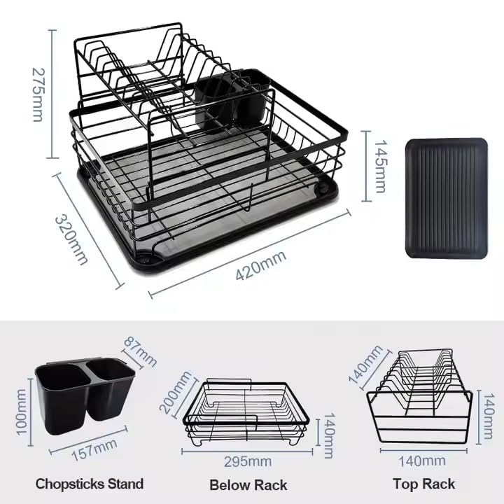 ROY ENTERPRISE 2 Tier Drying Rack,2022 Upgrades Double Rust-Proof Treatment Rack with More Stable Footpad, Utensil Holder, Cup Holder and Drainer (Black Rack)(Metal) - Image 4