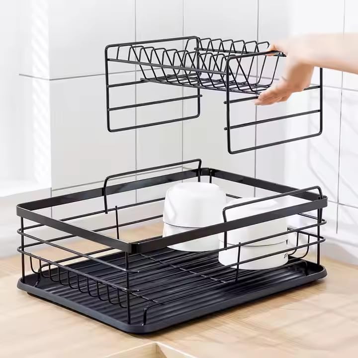 ROY ENTERPRISE 2 Tier Drying Rack,2022 Upgrades Double Rust-Proof Treatment Rack with More Stable Footpad, Utensil Holder, Cup Holder and Drainer (Black Rack)(Metal) - Image 2
