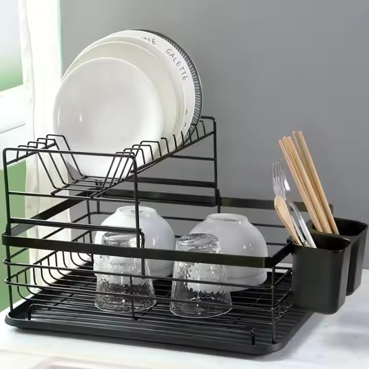 ROY ENTERPRISE 2 Tier Drying Rack,2022 Upgrades Double Rust-Proof Treatment Rack with More Stable Footpad, Utensil Holder, Cup Holder and Drainer (Black Rack)(Metal) - Image 3