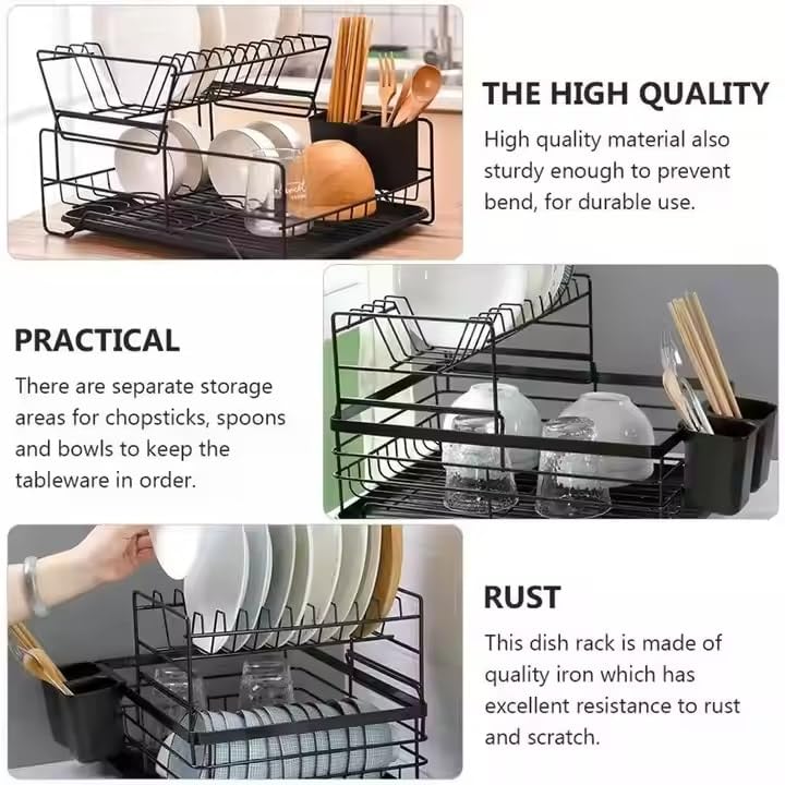 ROY ENTERPRISE 2 Tier Drying Rack,2022 Upgrades Double Rust-Proof Treatment Rack with More Stable Footpad, Utensil Holder, Cup Holder and Drainer (Black Rack)(Metal) - Image 5
