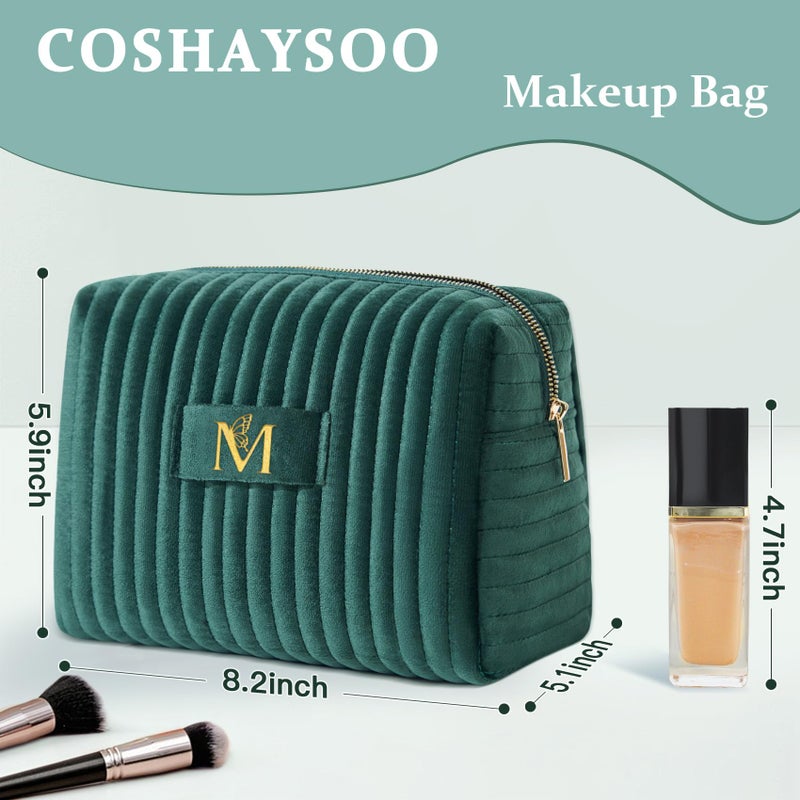 COSHAYSOO Personalized Easter Basket Stuffers Gifts for Women Initial Make Up Bags Monogrammed 30th 40th Birthday Gift Unique for Her Mom Friend, Green Velvet Makeup Bag Travel Cosmetic Pouch Letter M - Image 2