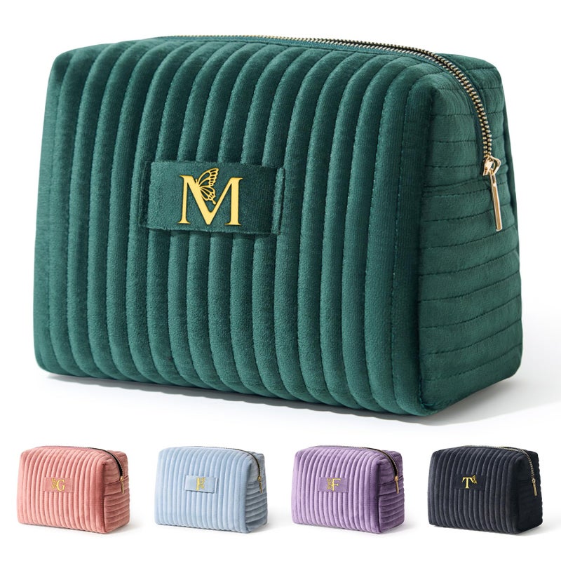 COSHAYSOO Personalized Easter Basket Stuffers Gifts for Women Initial Make Up Bags Monogrammed 30th 40th Birthday Gift Unique for Her Mom Friend, Green Velvet Makeup Bag Travel Cosmetic Pouch Letter M - Image 1