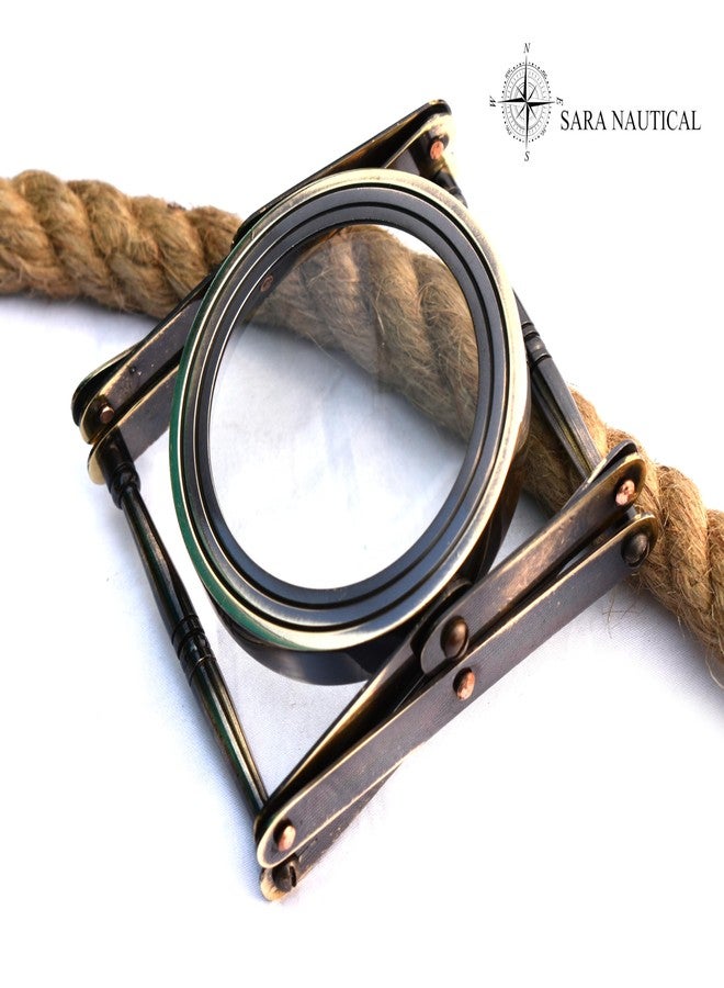 Sara Nautical Antique Brass Folding Magnifier, 10X Magnification, Vintage Retro Style, Foldable Stand, Reading and Inspection Tool - Image 4