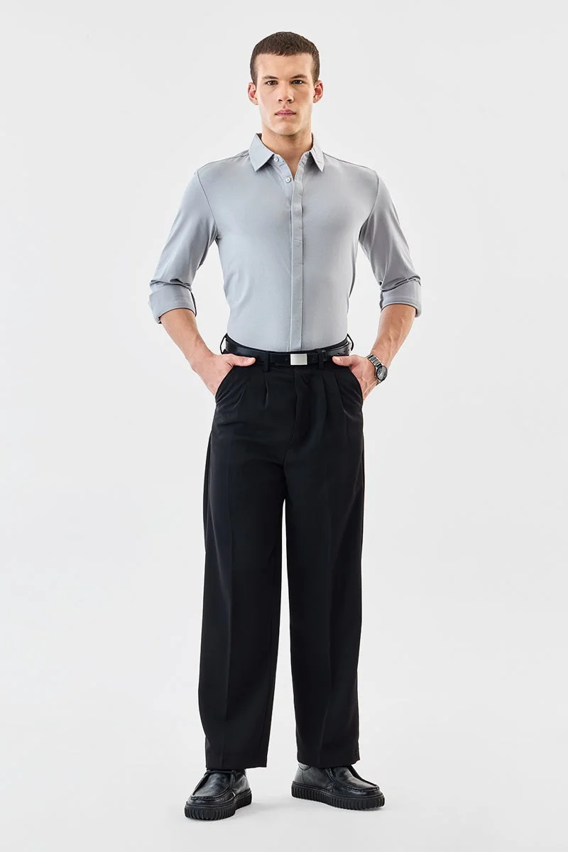 SNITCH Ash Grey Solid Long Sleeve Regular Fit Formal Shirt