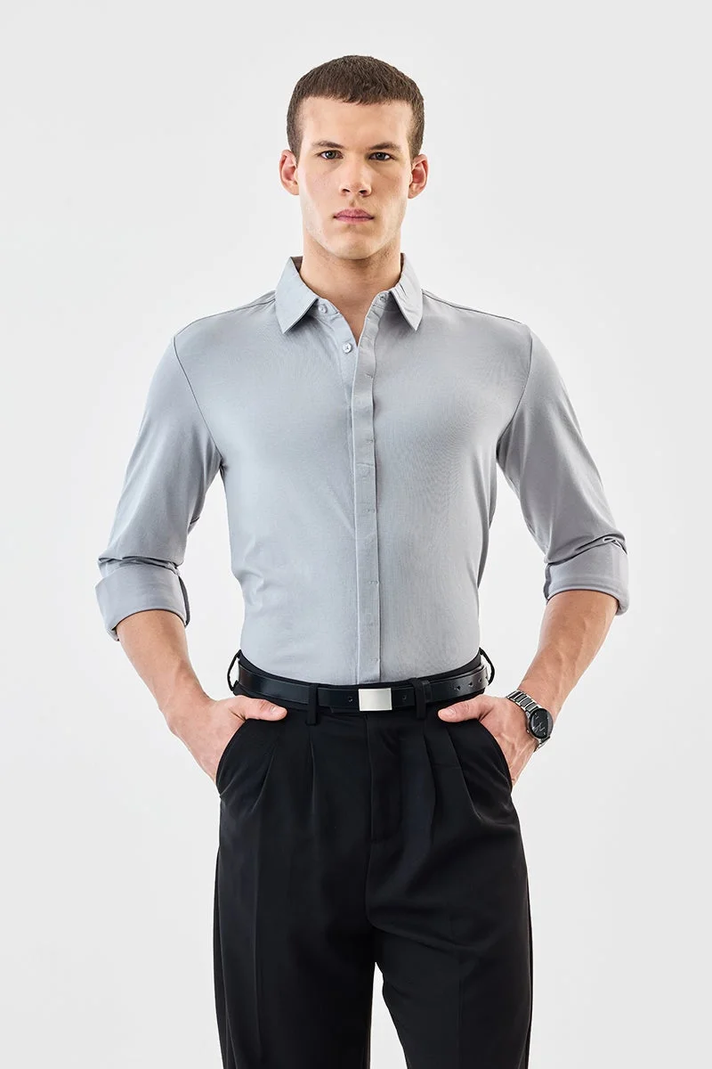 SNITCH Ash Grey Solid Long Sleeve Regular Fit Formal Shirt