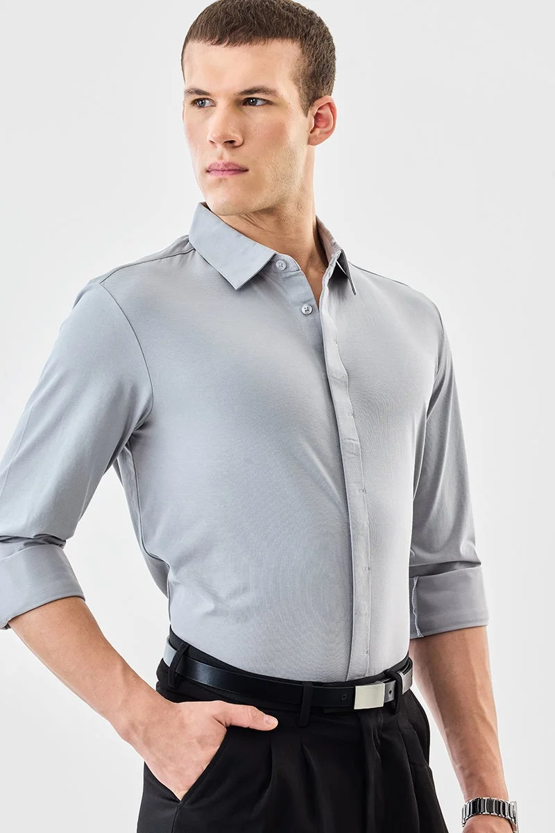 SNITCH Ash Grey Solid Long Sleeve Regular Fit Formal Shirt