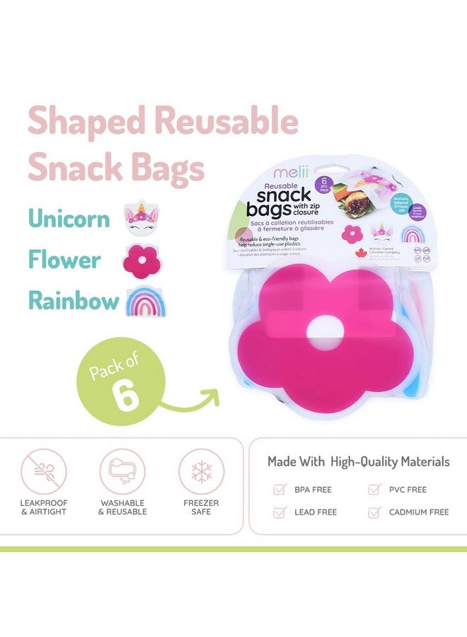 melii Shaped Reusable Snack Bags. Pack of 6 Leakproof bags for Sandwiches, Snacks, Food Storage and More - Unicorn, Flower, Rainbow - Image 2