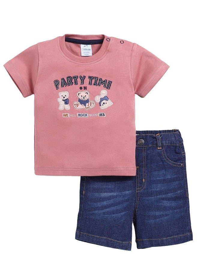 Dollar Junior Tiny Crews Baby Boys T-Shirt Pant Set - Peach-Blue Denim, 12-24M - Image 1