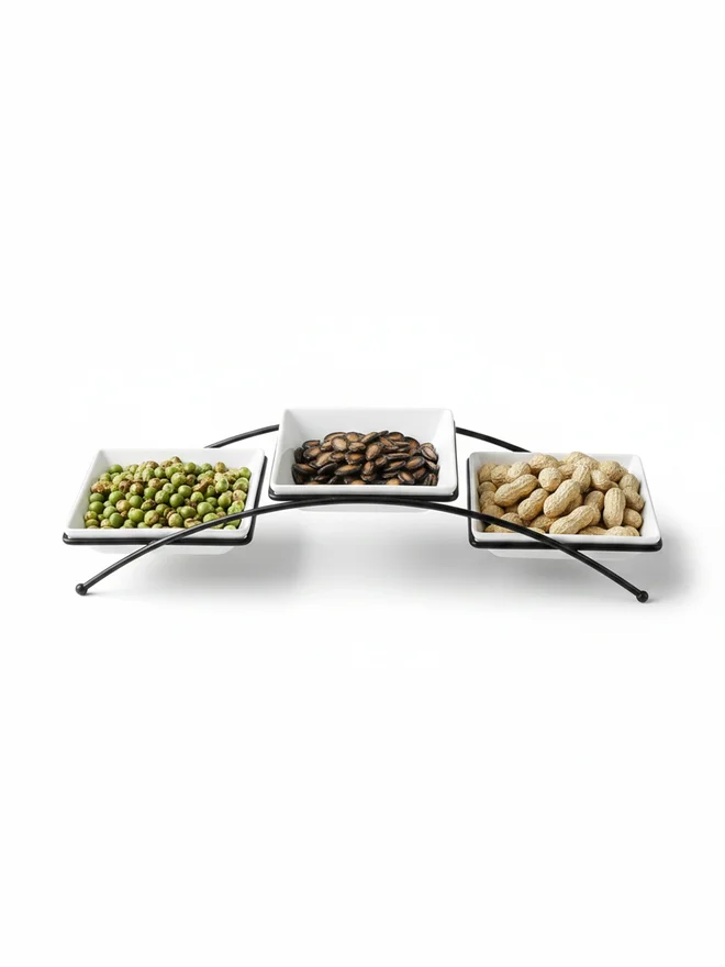 Shallow 3-Piece Square 14cm Porcelain and New Bone China Bowls with Metal Stand, 14cm