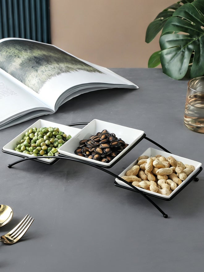 Shallow 3-Piece Square 14cm Porcelain and New Bone China Bowls with Metal Stand, 14cm - Image 3